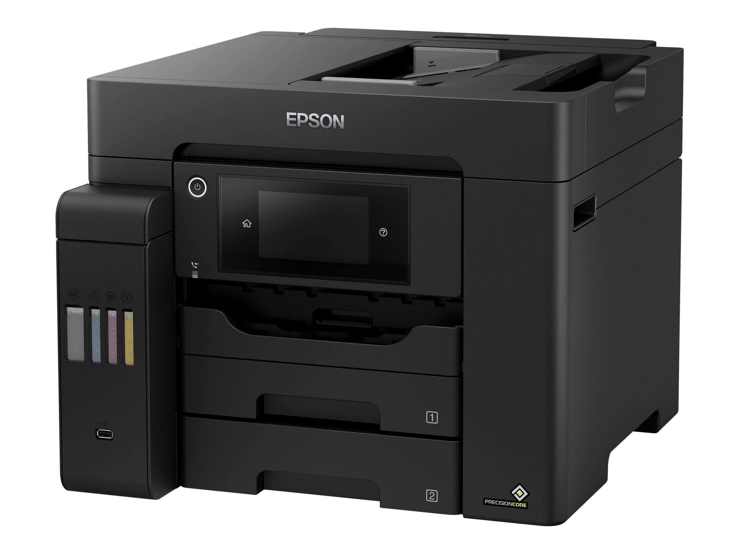 Epson-Drucker, schwarz, mit Touchscreen, Tintenbehältern und Papierfächern.