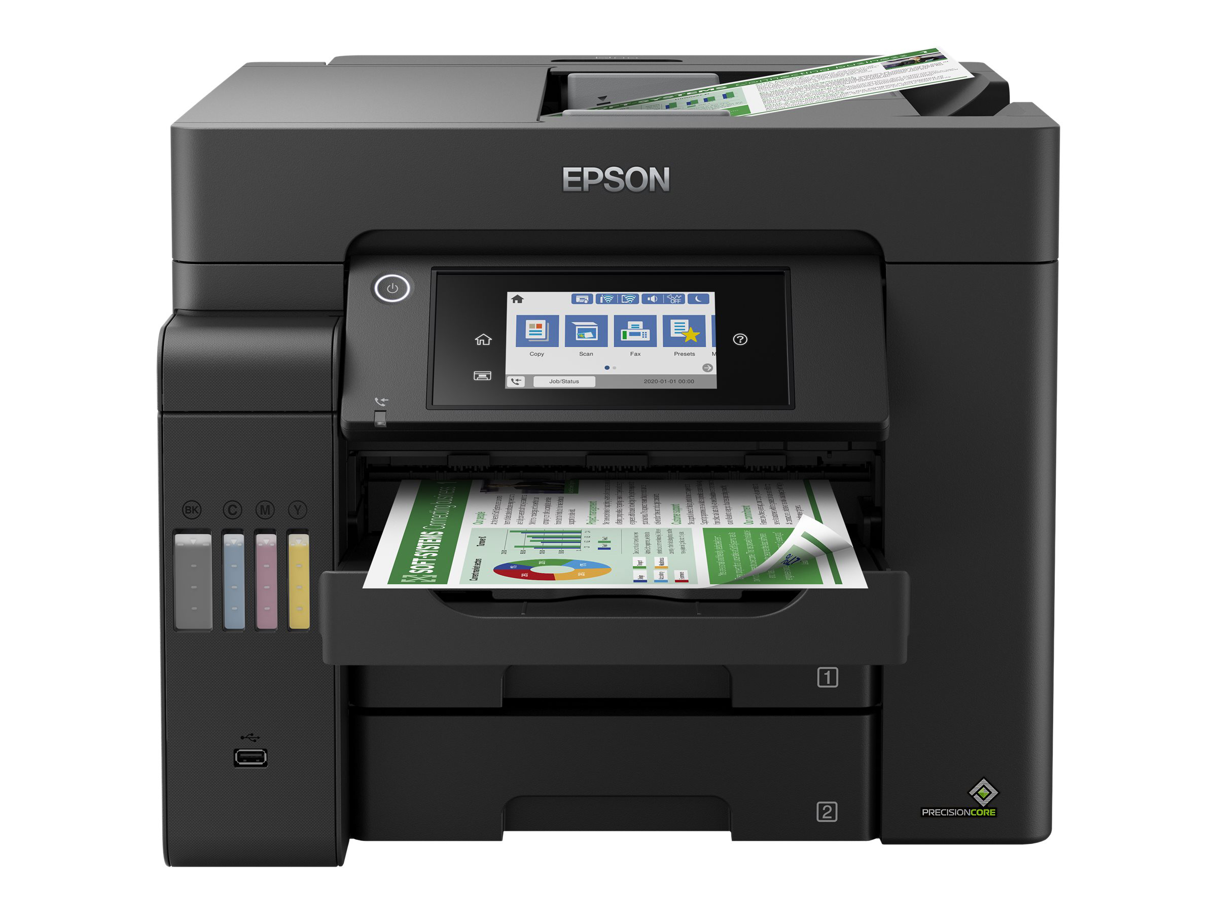 Schwarzer Epson-Drucker mit geöffnetem Dokumentenfach, zeigt bedruckte Seiten. Ein kleiner Bildschirm ist sichtbar.