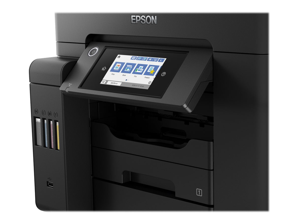 Schwarzer Epson-Drucker mit geöffnetem Touchscreen-Display, das verschiedene Funktionssymbole zeigt.