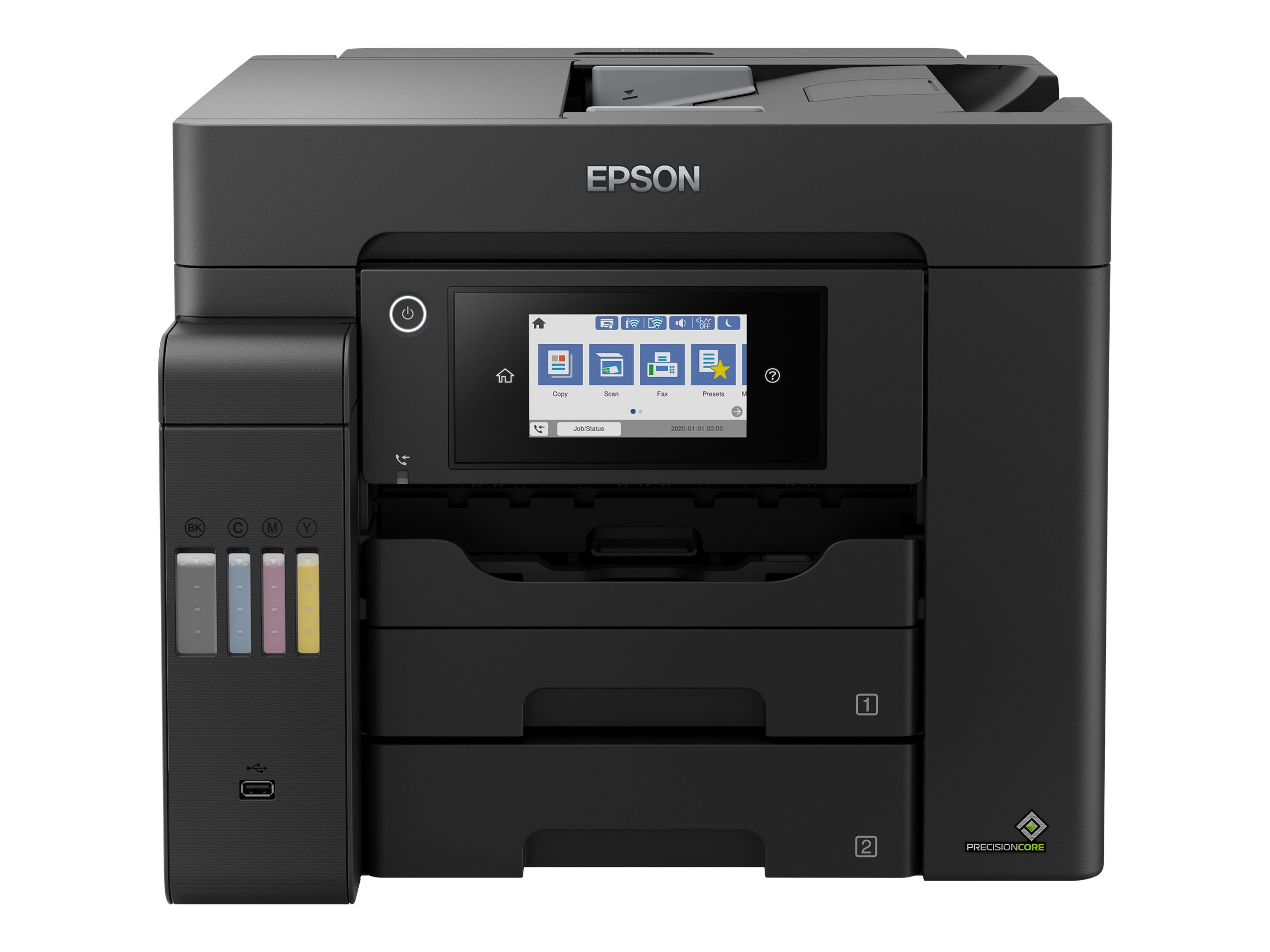 Schwarzer Epson-Drucker mit Farbbildschirm, Papierfächern und Tintenpatronen auf weißem Hintergrund.