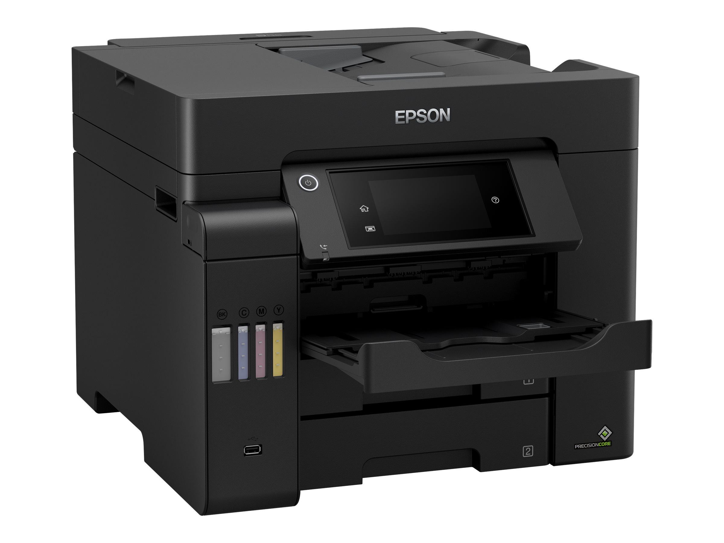 Schwarzer Epson-Drucker. Offenes Papierfach, Knöpfe und Bildschirm vorne. Weißer Hintergrund.