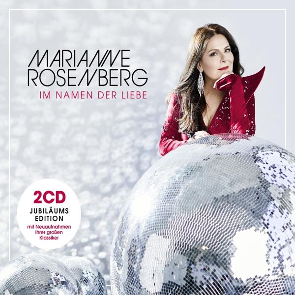 CD-Cover: Marianne Rosenberg in rotem Kleid, silberne Discokugeln. Text: Im Namen der Liebe.