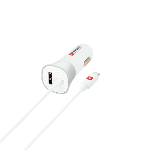 Fehér autós töltő USB-porttal és csatlakoztatott fehér kábellel.
