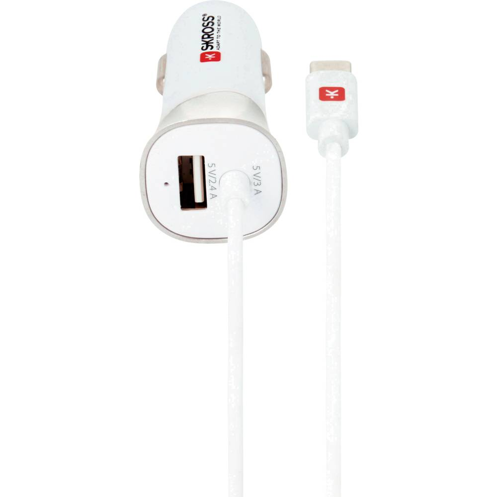Egy fehér autós töltő USB porttal és fehér töltőkábellel.