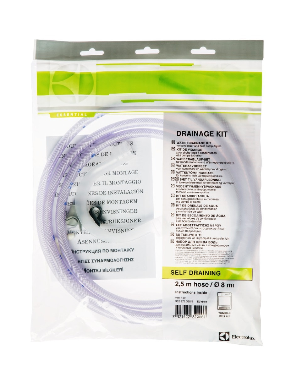 Un sac en plastique transparent avec un kit de drainage pour un sèche-linge, avec plusieurs langues dessus.