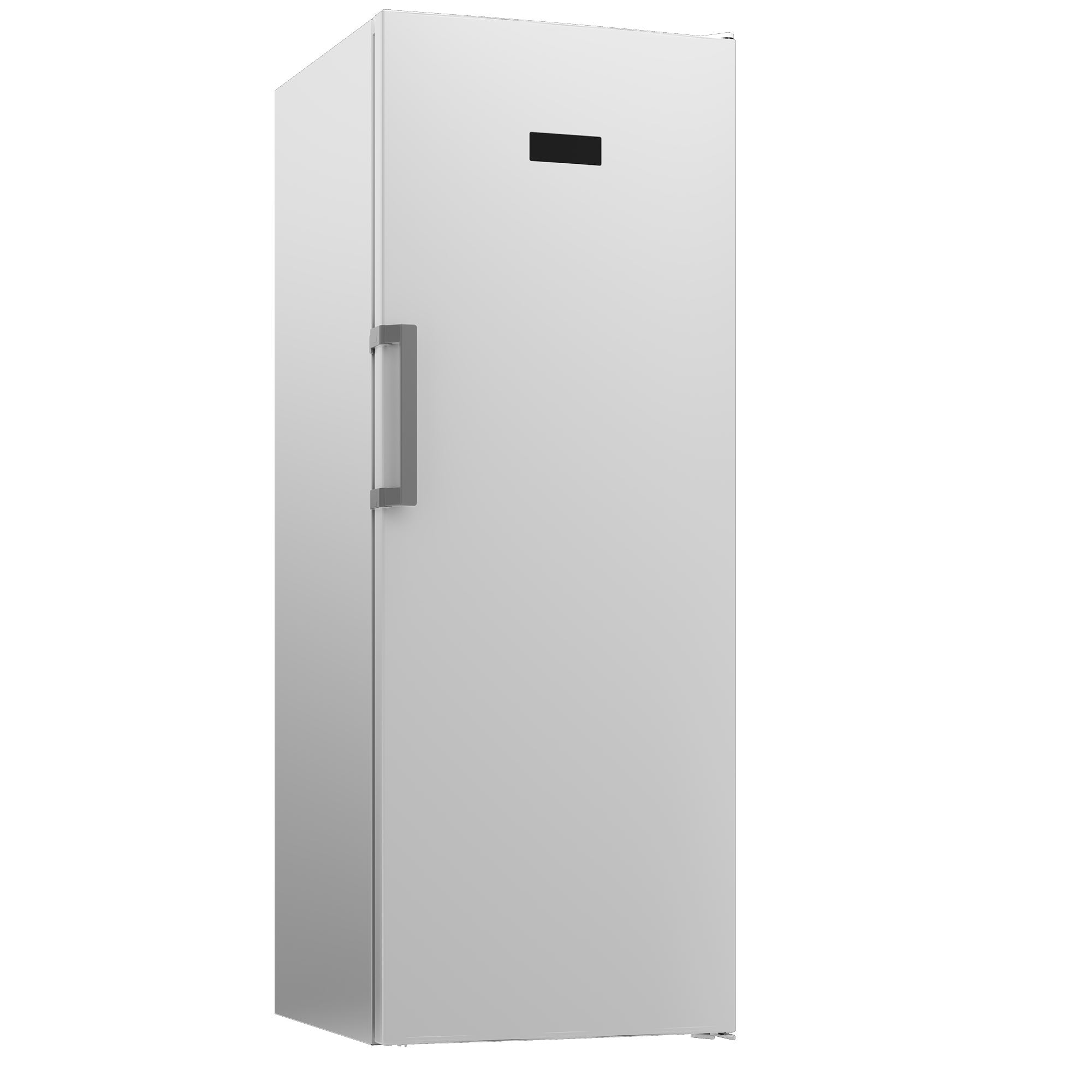 Ein weißer Kühlschrank, Griff links, mit schwarzem Balken über der Tür.