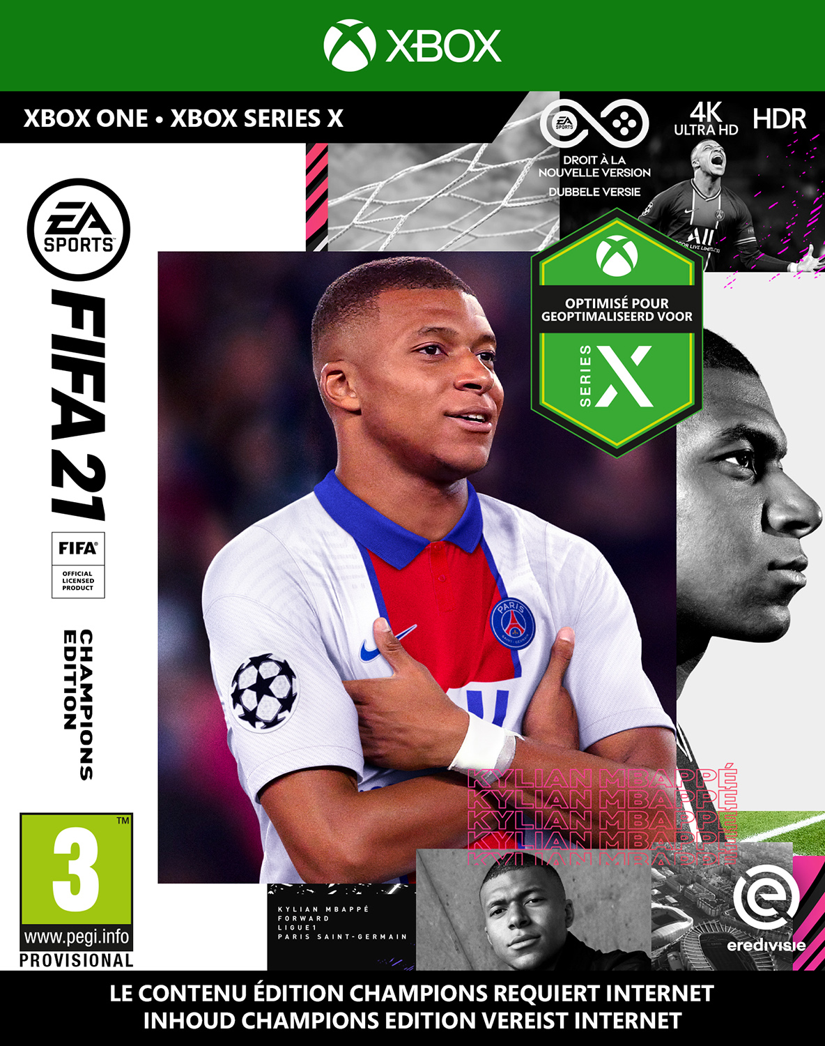 FIFA 21 game cover met Kylian Mbappé. Xbox logo en game details worden weergegeven.