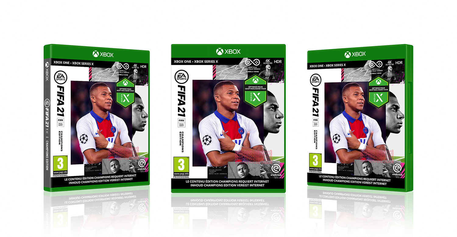Drie FIFA 21 gameboxen met Kylian Mbappe op de cover. Groene achtergrond met Xbox logo.