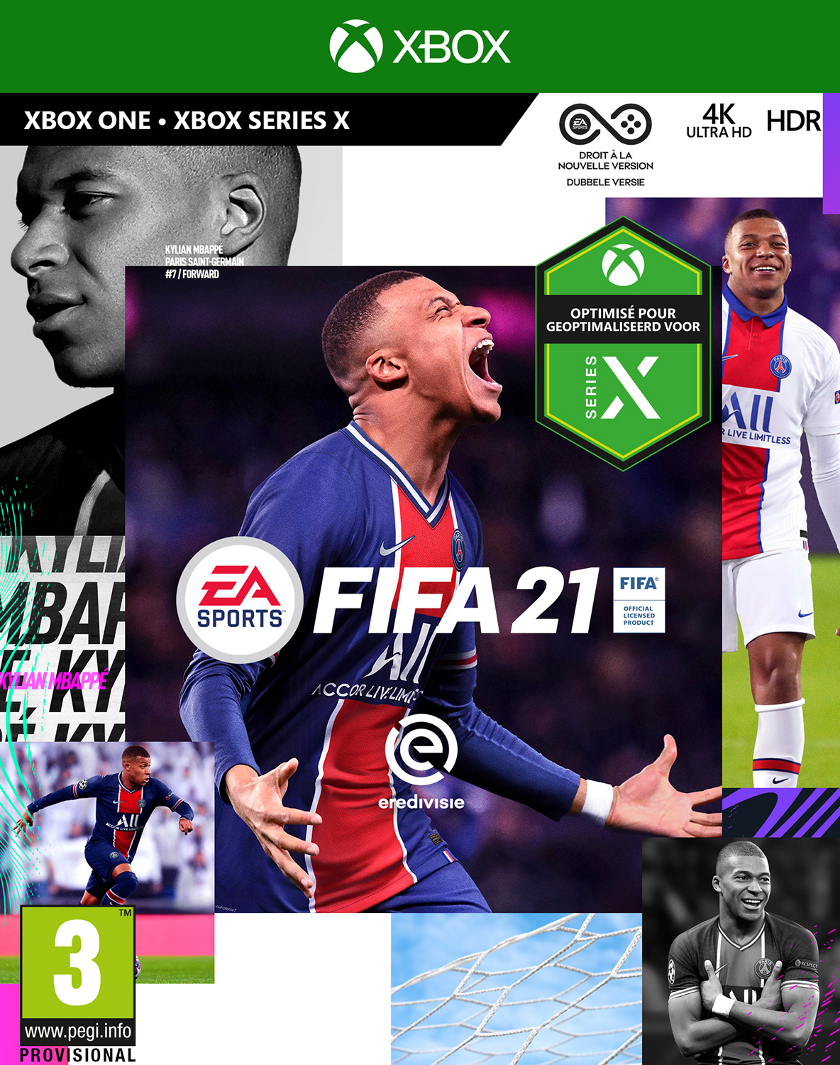 FIFA 21 game cover met Kylian Mbappé en Xbox branding. Meerdere afbeeldingen van de speler.