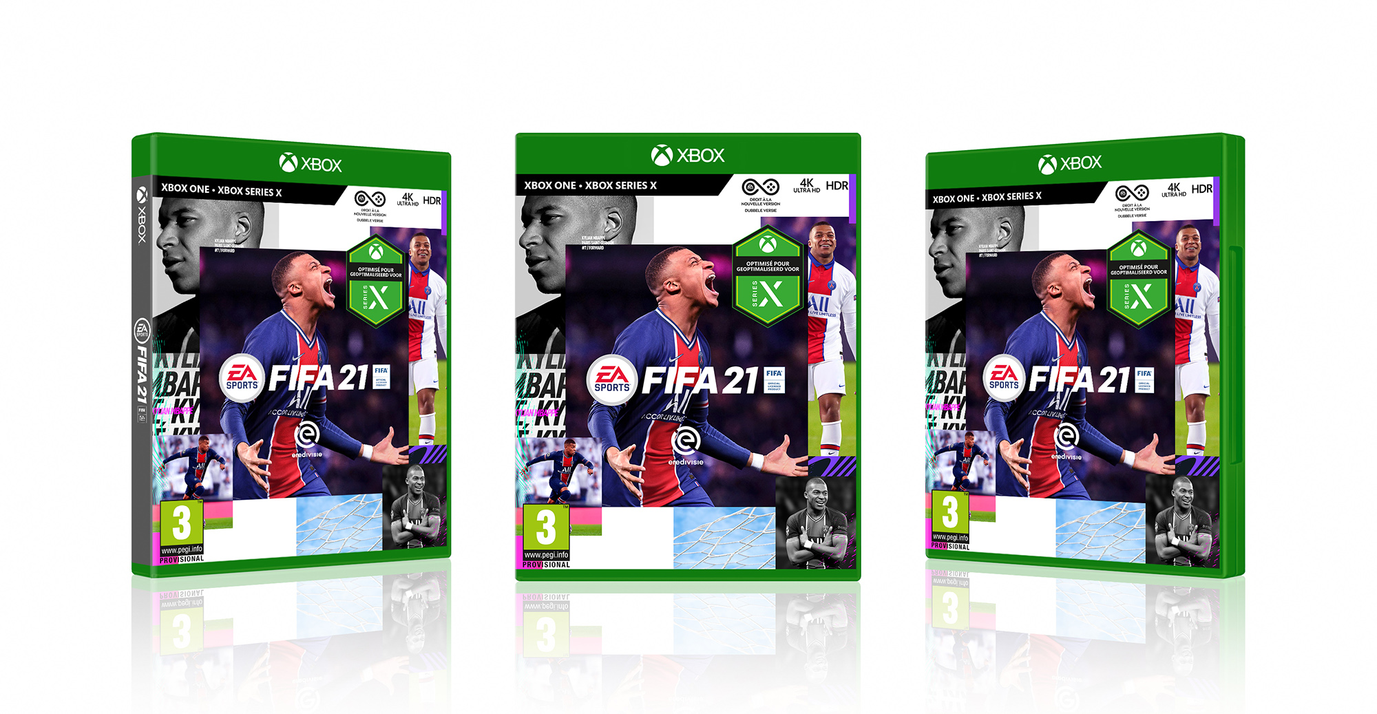 Drie videogameboxen van FIFA 21 voor Xbox. Ze tonen de speler Kylian Mbappé op de voorkant.
