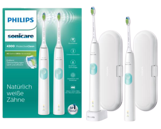 Zwei weiße elektrische Philips Sonicare Zahnbürsten. Zwei Ladestationen und zwei Reiseetuis im Bild.