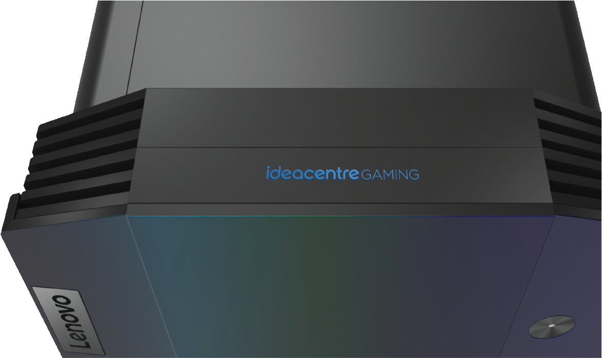 Ein schwarzer Gaming-PC mit blau beleuchtetem ideacentre GAMING-Logo auf der Vorderseite.