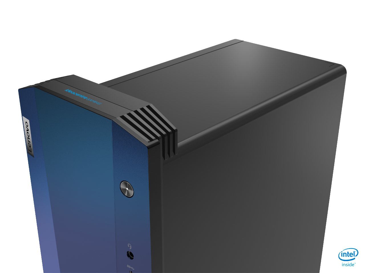 Ein Lenovo Desktop-Computer, schwarz und blau, mit einer Nahaufnahme der Oberseite.