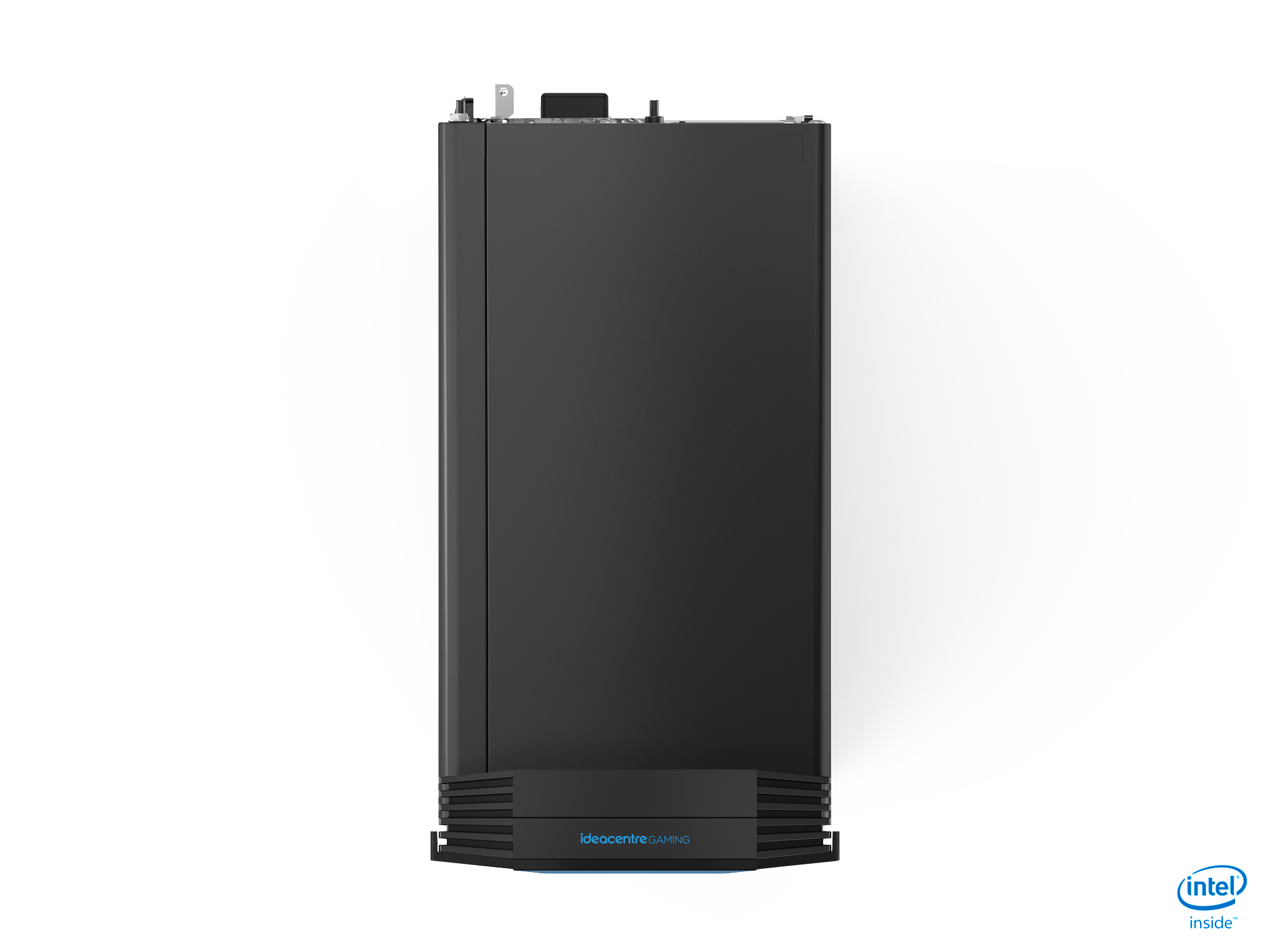 Ein schwarzer Desktop-Computer-Tower mit blauem Licht unten, Seitenansicht.