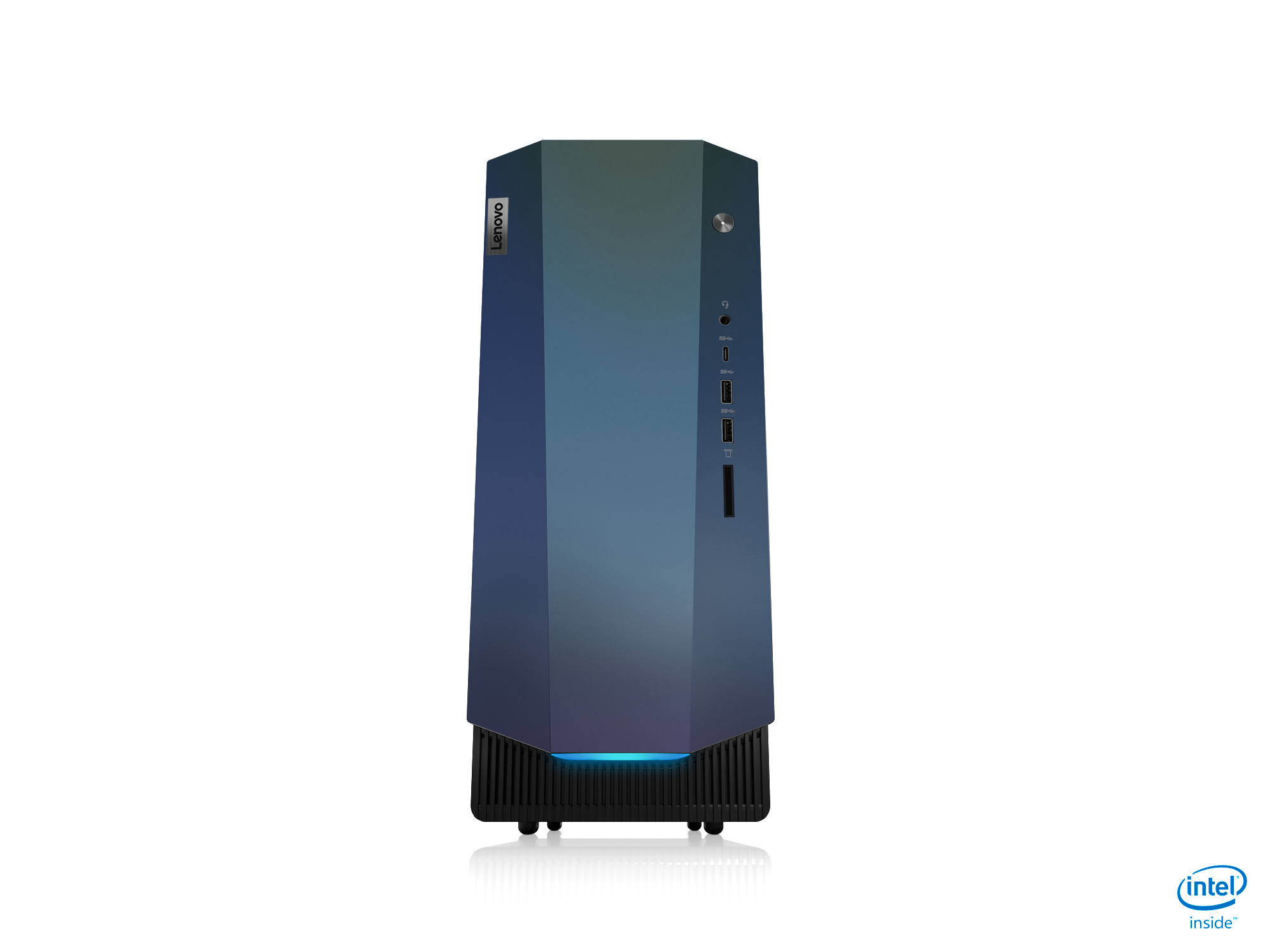 Ein hoher Computer-Turm mit blauem Farbverlauf und Lenovo-Logo. Schwarzer Sockel, weißer Hintergrund.