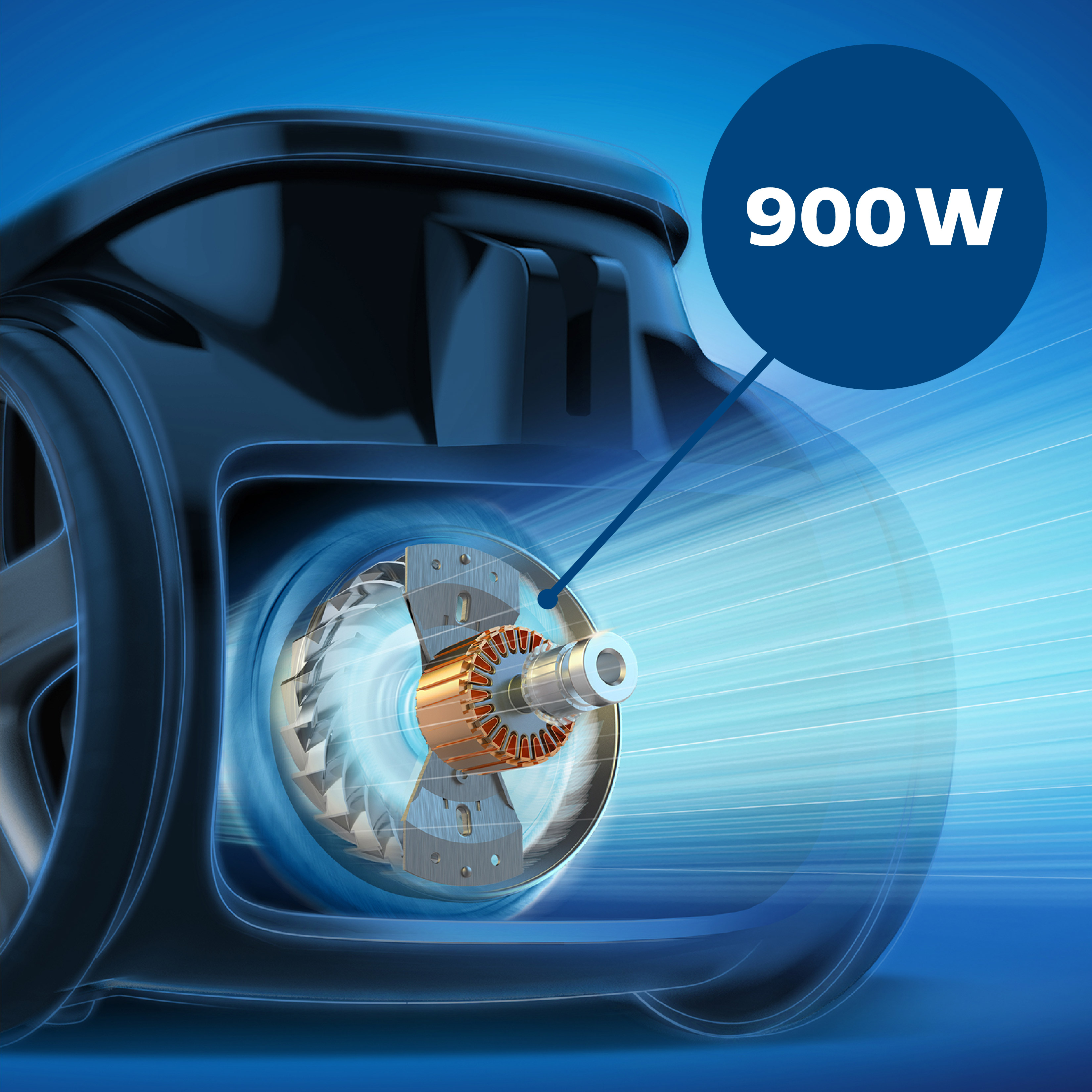 Schwarzes Staubsaugermotorteil, die Leistung wird in einem blauen Kreis mit 900W angegeben.