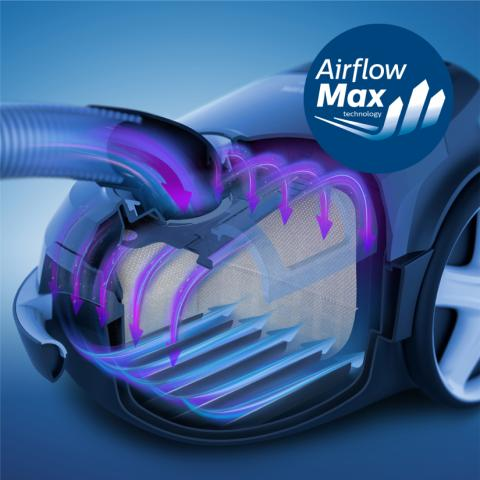 Ein Staubsauger mit sichtbarem internen Luftstrom und einem prominenten 'Airflow Max'-Label.