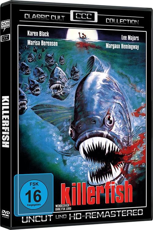 DVD-Cover von Killerfish. Ein Hai mit großen Zähnen greift an, mit rotem Blut.