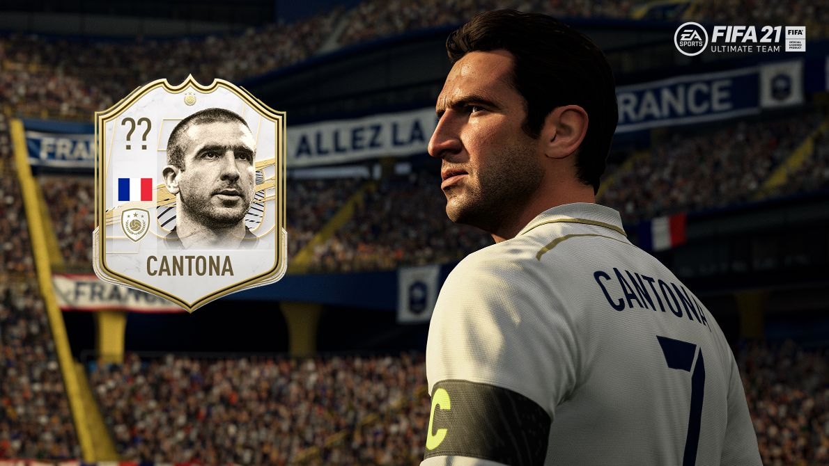 Carta FIFA 21 con Cantona. Perfil del jugador, bandera francesa y detalles dorados.
