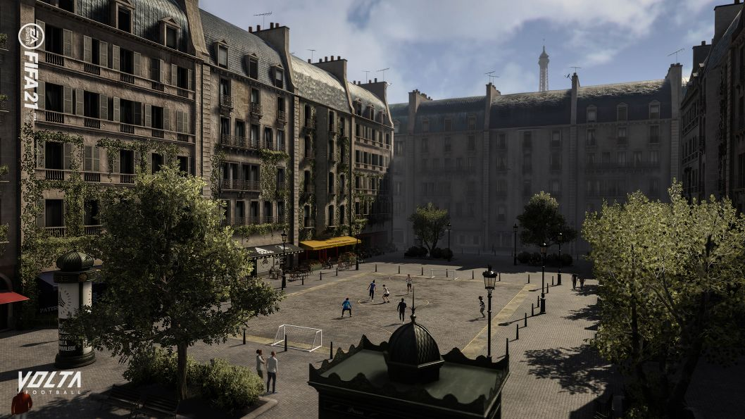 Escena de videojuego: plaza parisina, gente jugando fútbol, con la Torre Eiffel al fondo.
