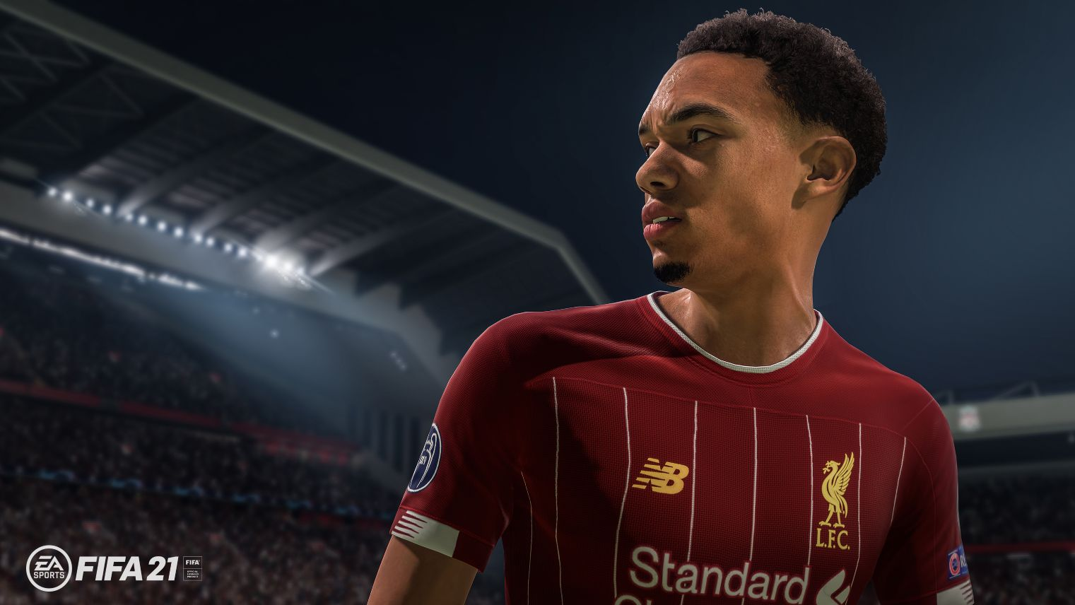 Jugador de fútbol con camiseta roja, primer plano. Logo FIFA 21 visible.
