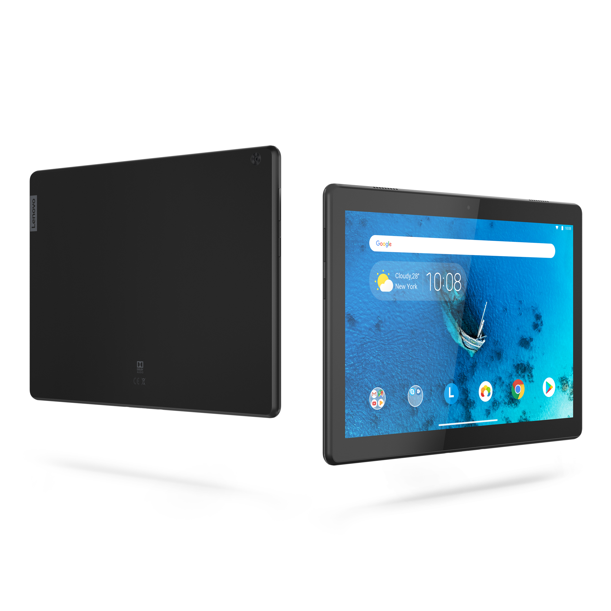 Siyah tablet iki görünümde: arka ve manzara gösteren ekran.