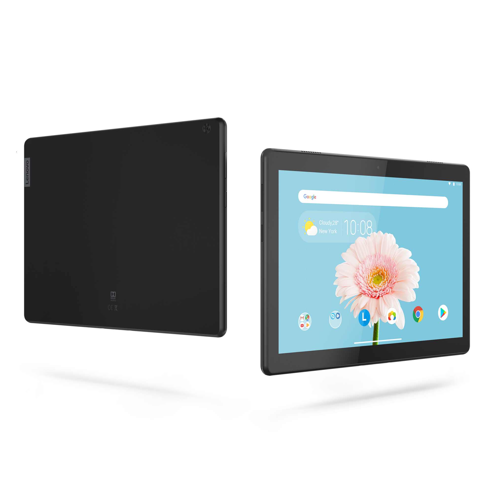 İki siyah Lenovo tablet, biri çiçek görüntüsü olan bir ana ekran gösteriyor, beyaz arka plan.
