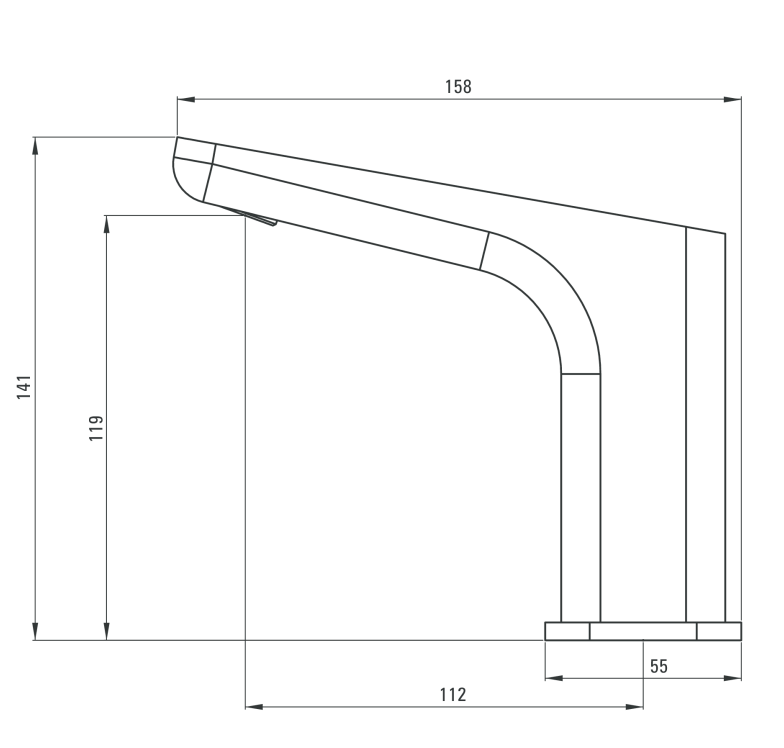 Egy króm csaptelep diagramja feliratos méretekkel. A csaptelep oldalról látható.