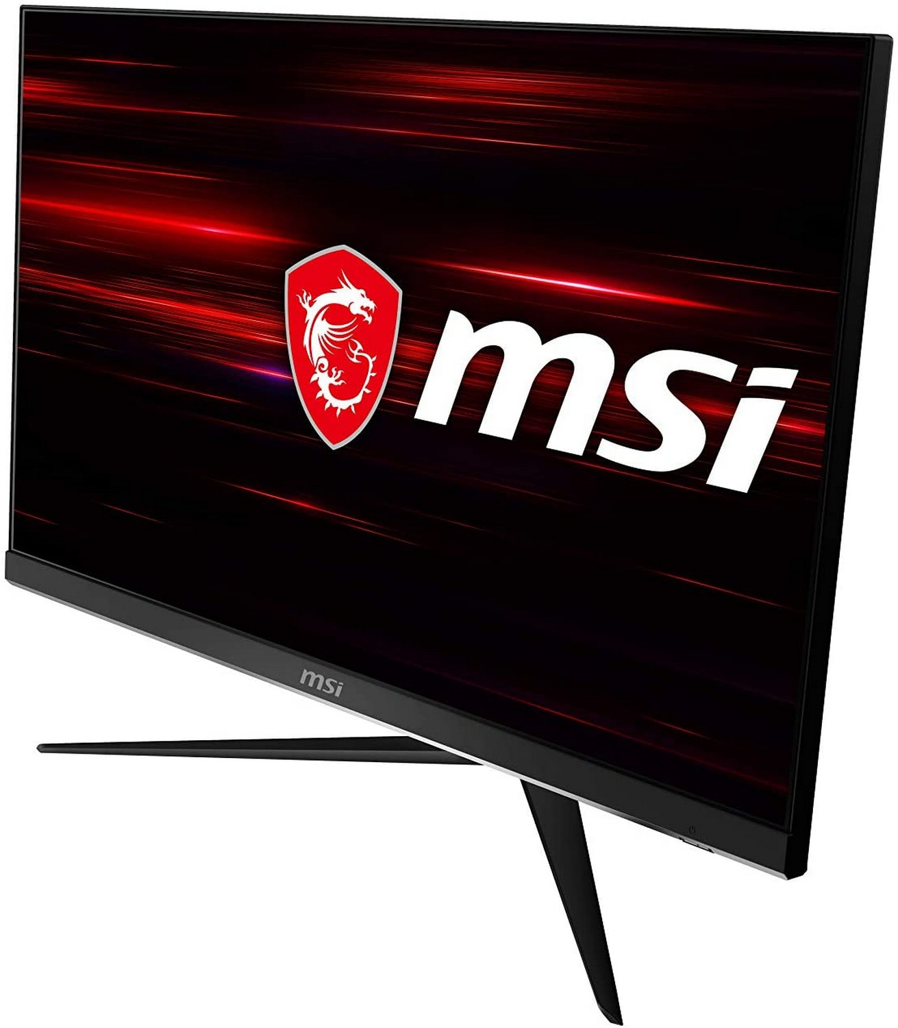 Monitor gaming MSI sobre soporte negro, mostrando gráfico rojo y negro con logo dragón.