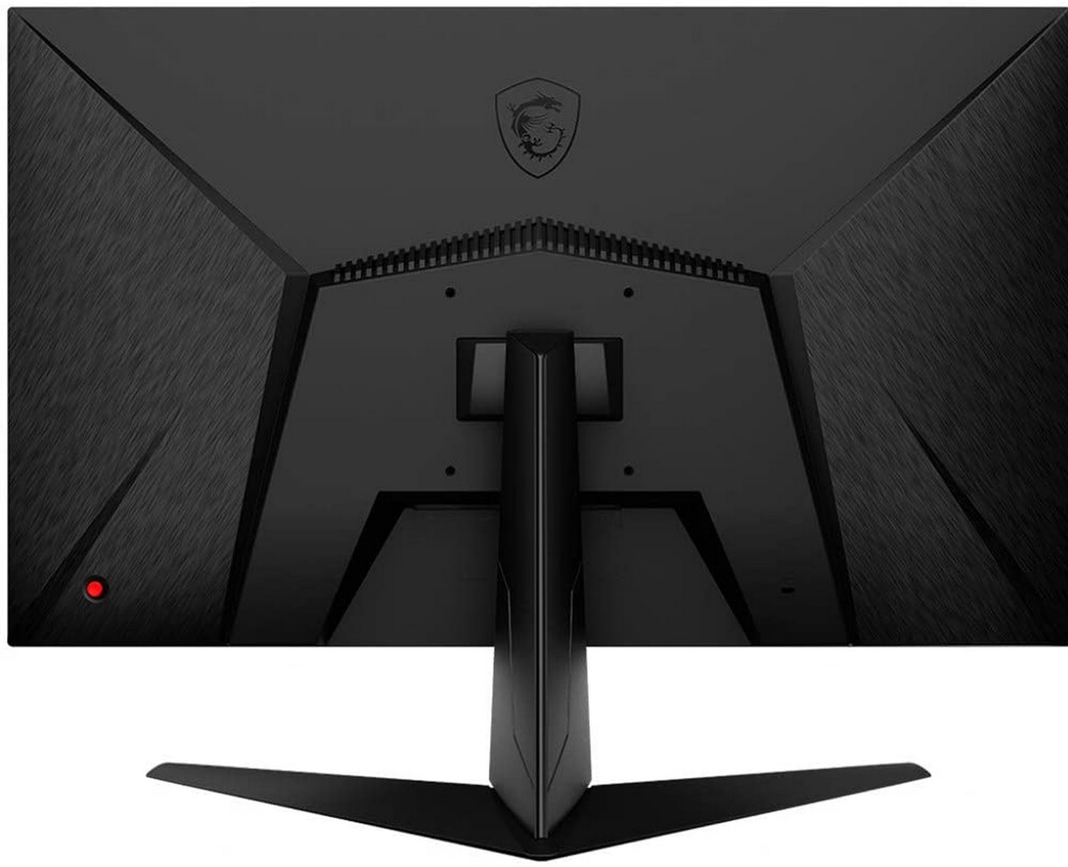 Parte trasera de un monitor de computadora negro con un botón de encendido rojo. El soporte es negro.