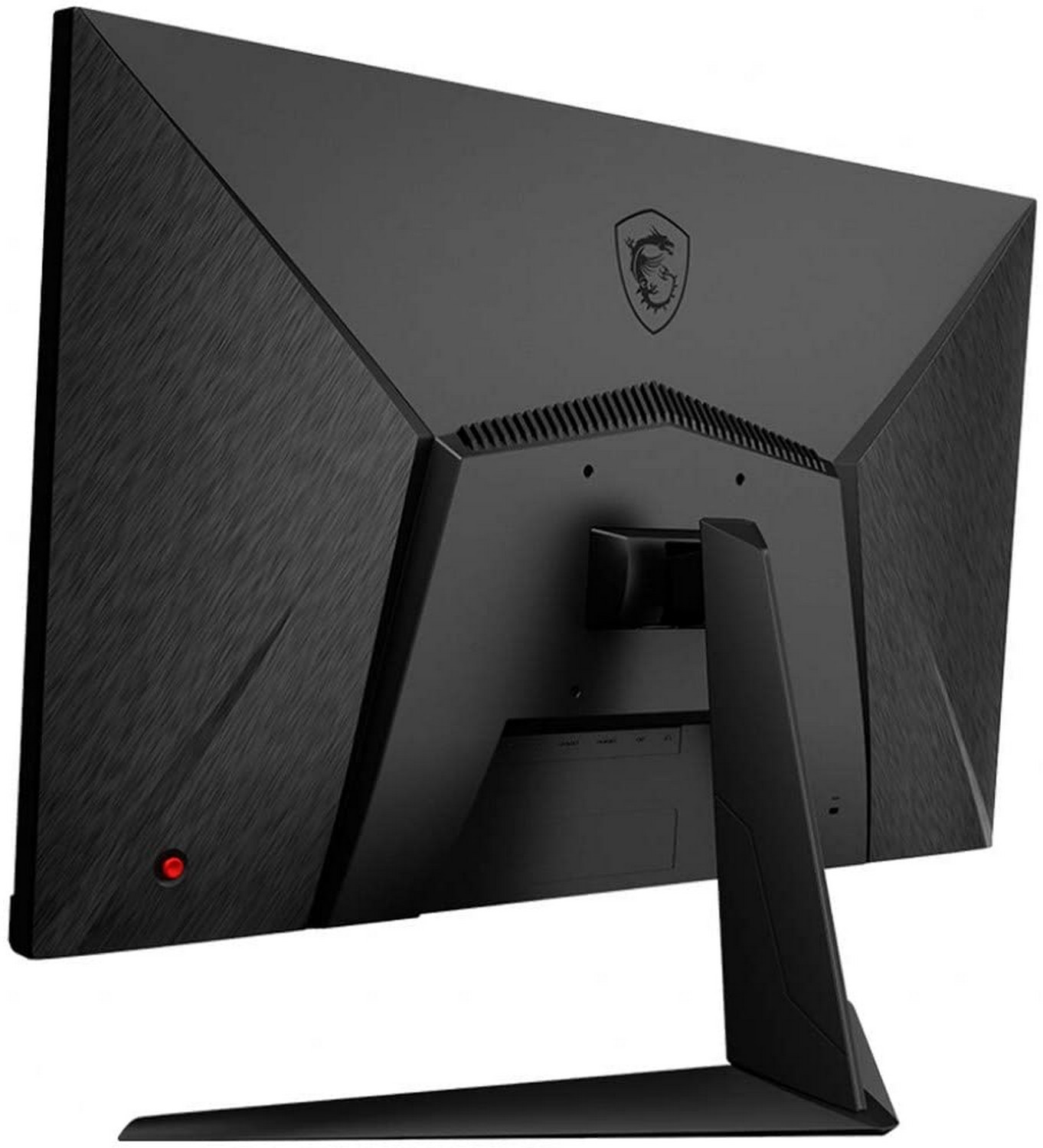 Parte trasera de un monitor MSI negro. Cuenta con soporte, puertos y botón de encendido rojo.