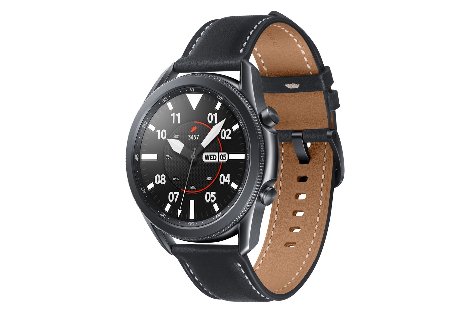 Un Samsung Galaxy Watch 3 negro con una correa de cuero negra.