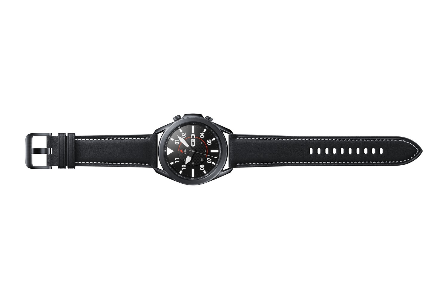 Smartwatch negra con correa de cuero negro, centrada sobre fondo blanco.
