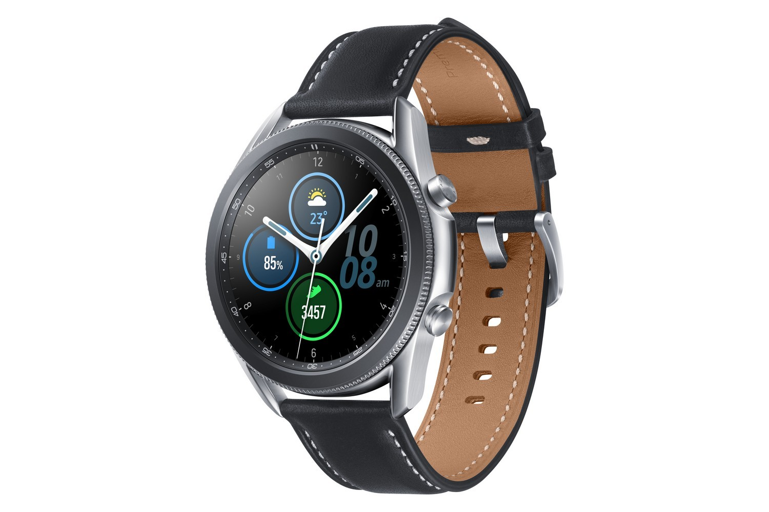 Reloj inteligente plateado con una correa de cuero negro. La pantalla muestra la hora, el clima y métricas de salud.