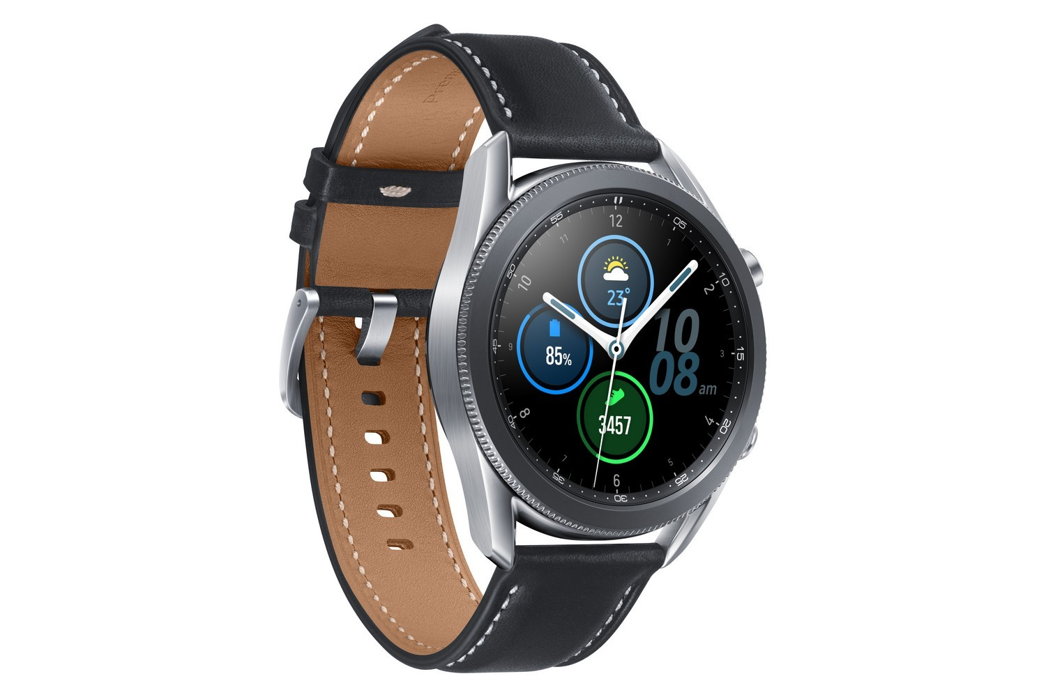 Un reloj inteligente plateado con correa negra y pantalla digital que muestra la hora y estadísticas.