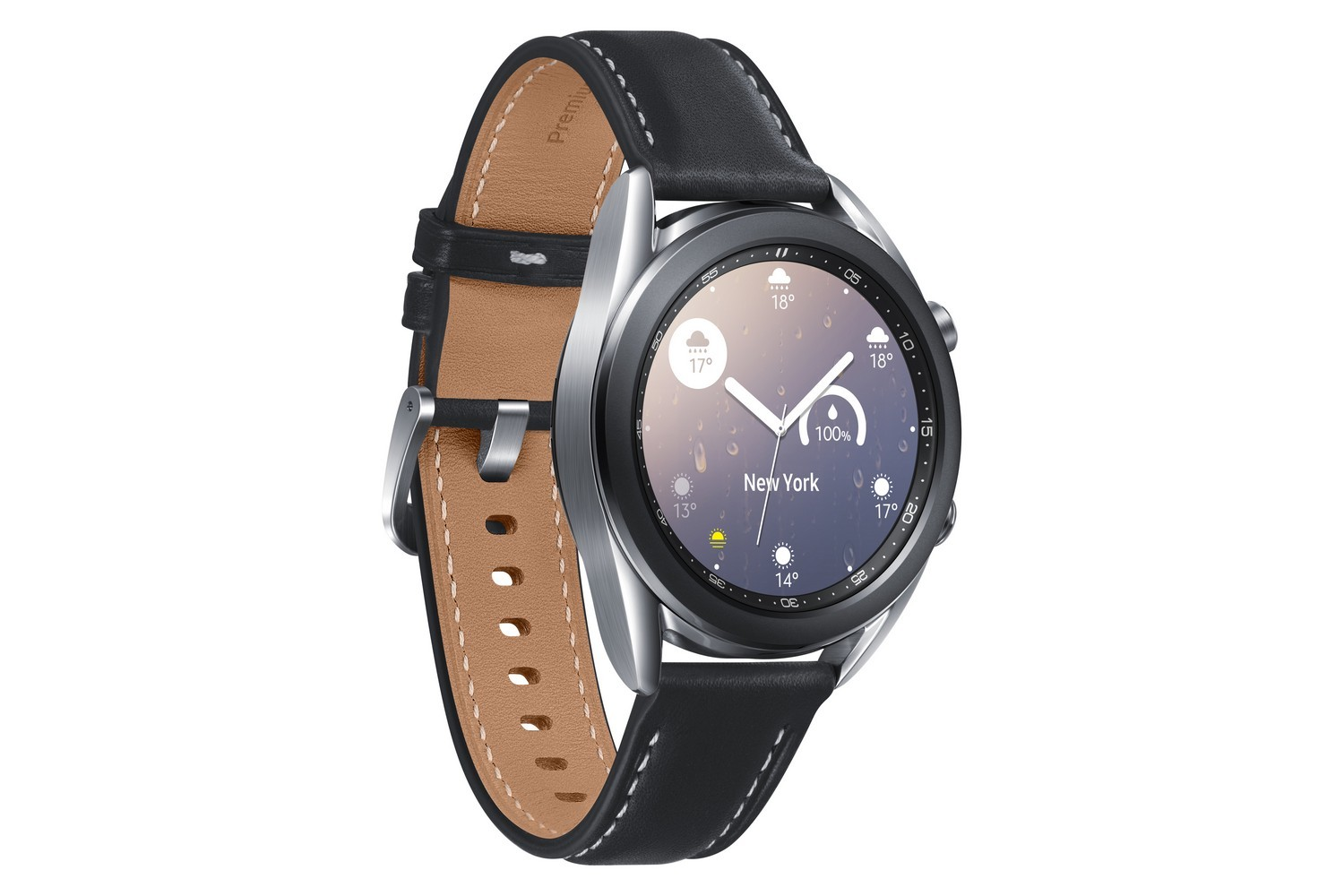 Smartwatch con correa de cuero negro. La pantalla muestra información del tiempo, hora y porcentaje de batería.