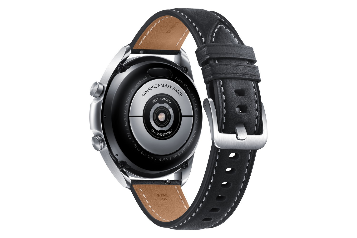 Vista trasera de un reloj inteligente plateado con correa de cuero negro, aislado sobre fondo blanco.