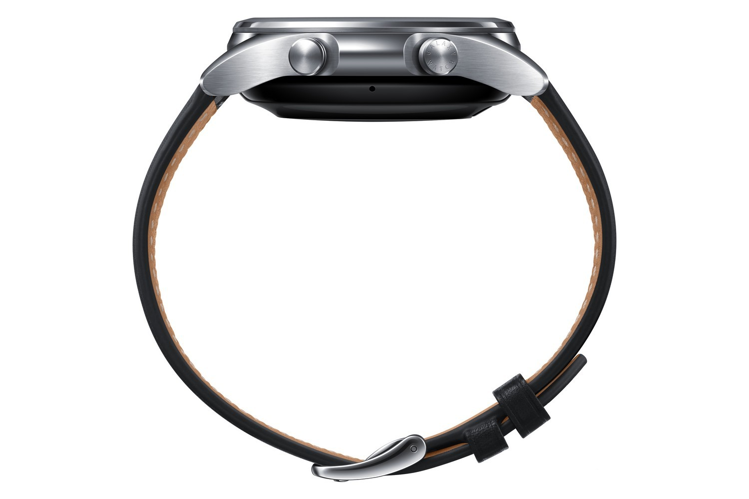 Smartwatch plateado con correa de cuero negro. Vista lateral. Fondo blanco.