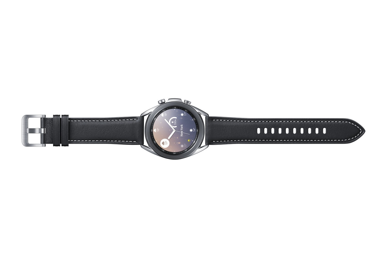 Reloj inteligente plateado con una correa de cuero negro. Tiene una esfera redonda que muestra la hora y otros datos.