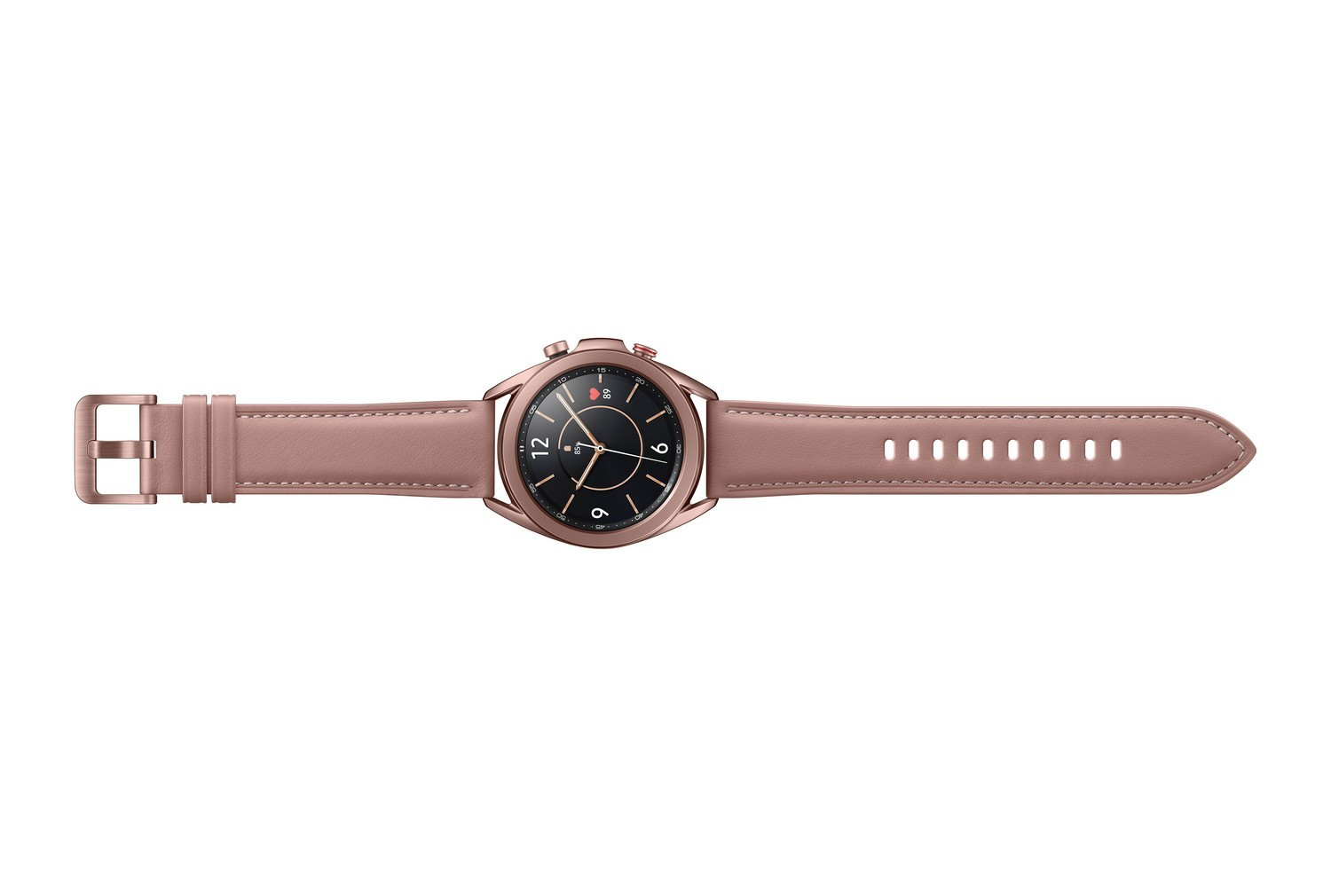 Smartwatch oro rosa con correa de cuero rosa. La esfera del reloj es negra.