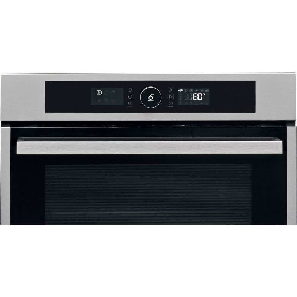 Un panel de control de horno de acero inoxidable con una pantalla digital y varios iconos.