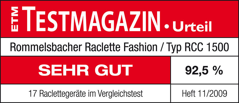 Ein rot-weißes Testergebnis mit der Aufschrift 'SEHR GUT 92,5 %' für einen Raclette-Grill.