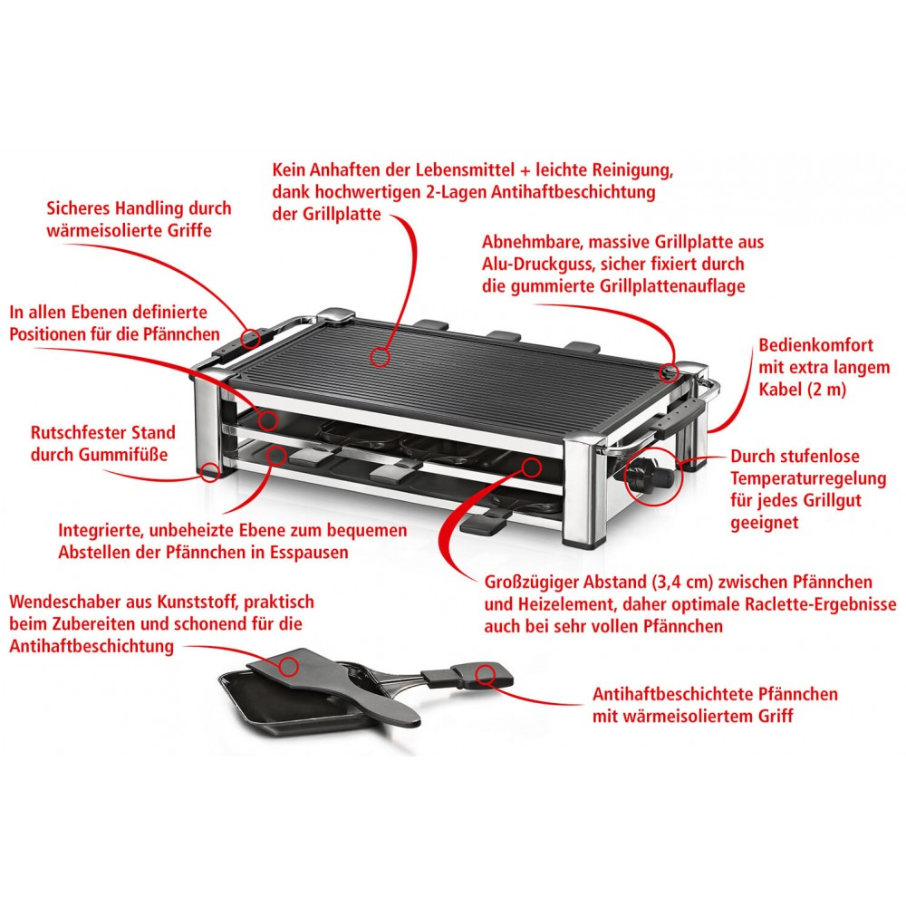 Ein Raclette-Grill mit Textbeschriftungen, Pfannen und Spatel.