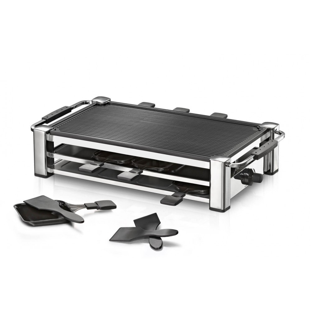 Ein silberner Grill mit Tabletts und Utensilien.
