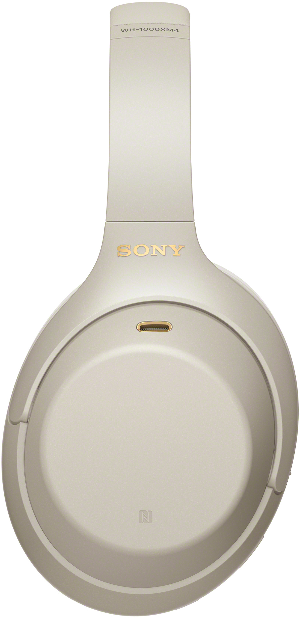 Casque audio Sony WH-1000XM4 beige. Vue de dessus du bandeau et des écouteurs. Le logo Sony est visible.