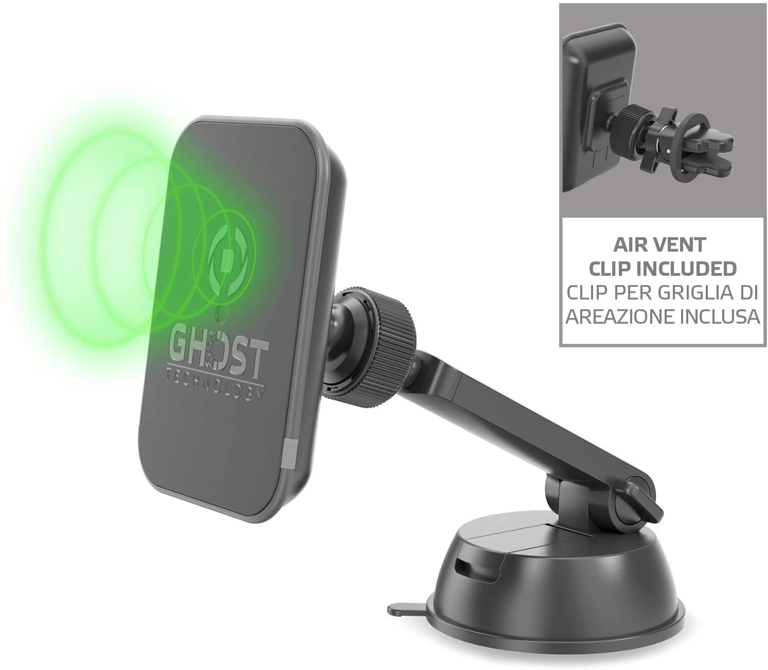 Soporte de móvil para coche - Celly GHOSTCHARGEBK, Carga inalámbrica, Ventosa + Rejilla, Negro