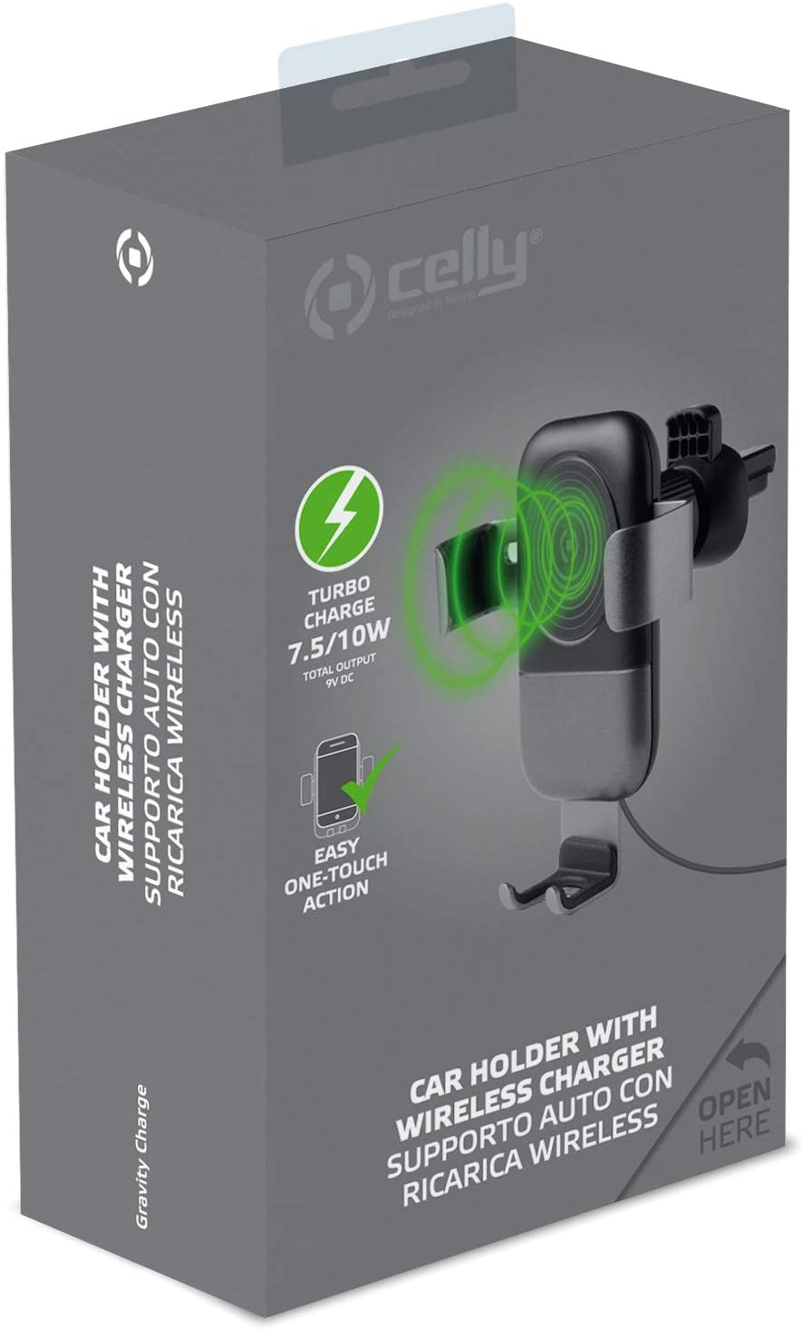 Soporte de móvil para coche - Celly GRAVITYCHARGE, Universal, Función de Carga Inalámbrica, Negro