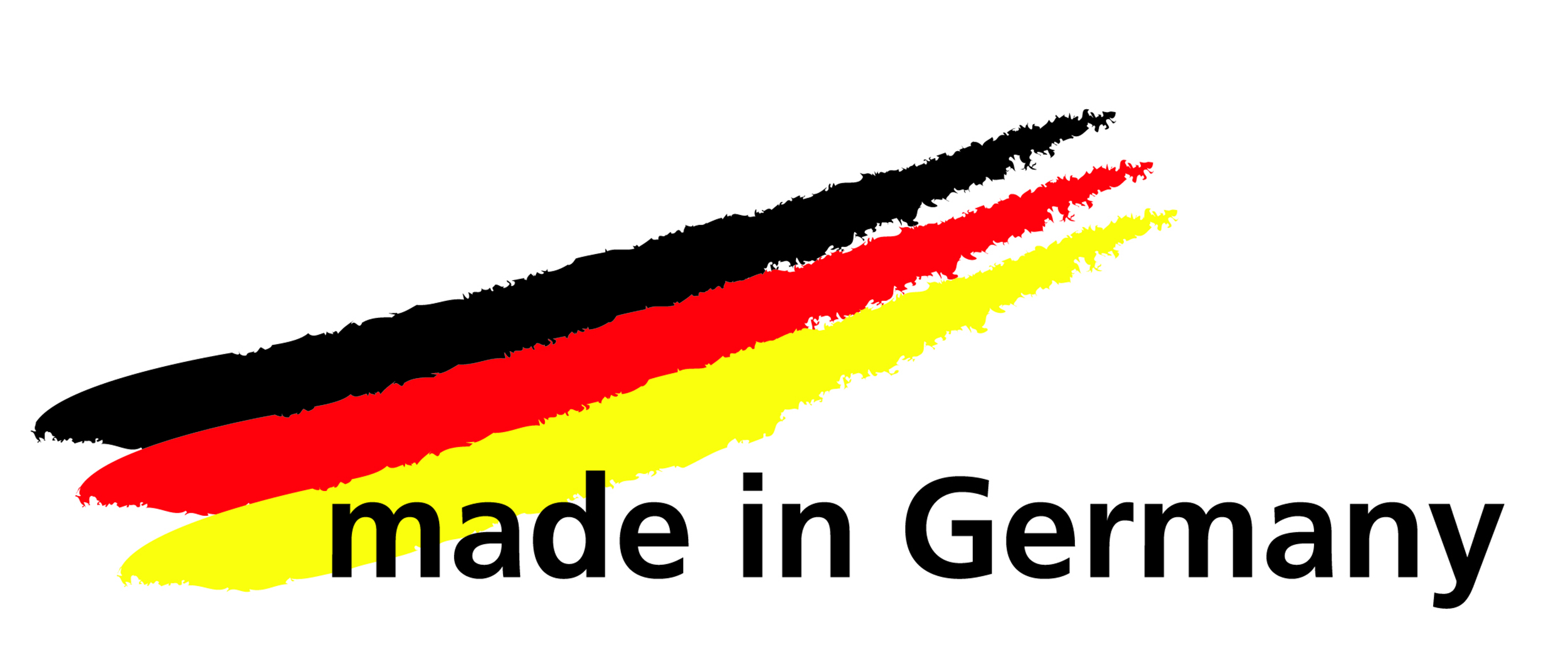 Die Farben der deutschen Flagge, Schwarz, Rot und Gelb, werden mit dem Text 'made in Germany' darunter dargestellt.
