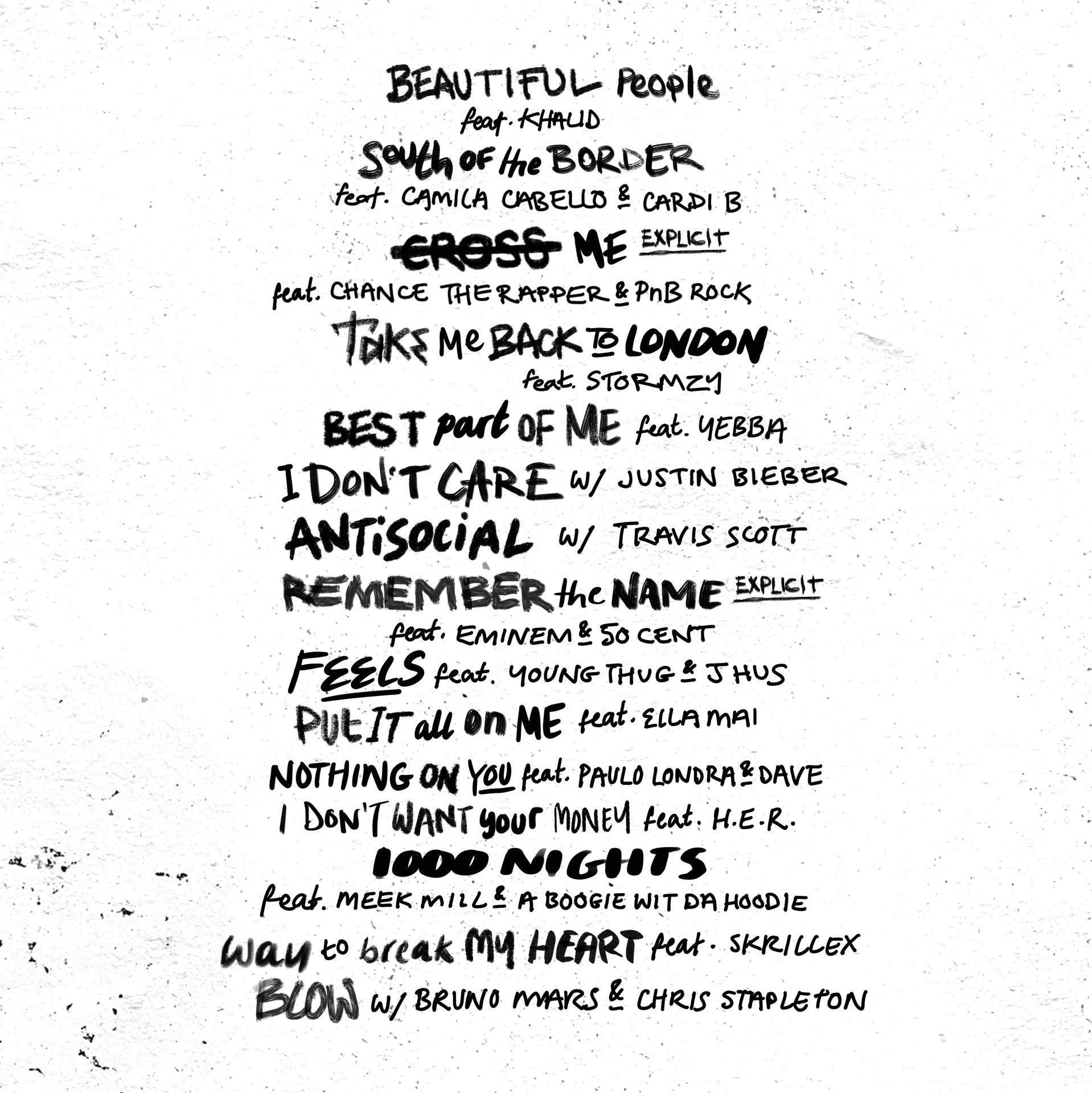 Handschriftliche Songtexte mit verschiedenen Songtiteln und Künstlern.