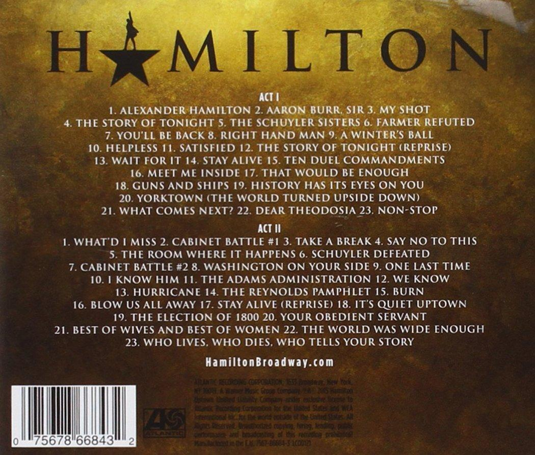 Die Rückseite des Musicals 'Hamilton' mit Trackliste, Logos und Text.